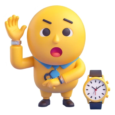 A yellow emoji face with a worried expression, looking at a wristwatch with raised eyebrows, showing urgency and stress sticker