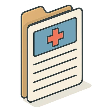 first page of medical history folder with header and fillable fields, 2D isometric style, clean outlines, highly detailed drawing, shadows and highlights, soft lighting, transparent background sticker