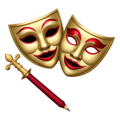 Create a bold and dramatic emoji representing the art of playwriting. The design should feature an open script or a theater playbook, with stylized text inside. Include elements like a theatrical comedy and tragedy masks, a stage spotlight, or a writting quill to symbolize creativity and performance. Use deep, contrasting colors like red, black, and gold to evoke the intensity and passion of drama. The overall design should feel dramatic, inspiring, and artistic. Make the background transparent. sticker