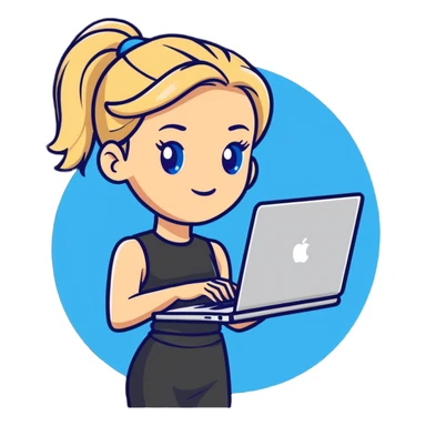 Cartoon 
Blonde woman ponytail blue eyes with MacBook sticker