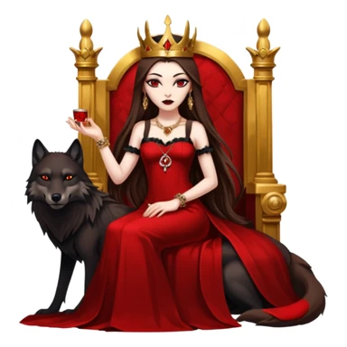 Lilith symbol seductress evil brown straight long hair haired, sexy succubus woman with red and black Chanel dress sitting on a Black and gold throne. A large black wolf laying beside he sticker