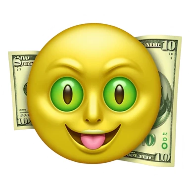 money face emoji. The face should be bright yellow, with exaggerated dollar-sign eyes glowing in neon green, and a tongue sticking out shaped like a crisp $100 bill. Add a shiny, golden aura behind the face sticker