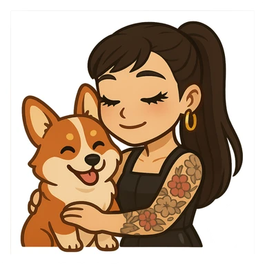 Ghibli-style emoji of an Asian girl with long hair in a ponytail, deep side bangs, black leather dress, gold hoop earrings, dramatic false lashes, and a floral 3/4 sleeve tattoo on her left arm, hugging a smiling red head tri-color corgi, simplified, emoji-like sticker