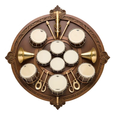 Create a heraldic, festive, and professional emblem-like emoji representing percussion instruments. The design should resemble a traditional crest, featuring a range of percussion instruments like cymbals, triangle, tambourine, maracas, timpani, and other traditional and folk percussion instruments. Arrange them symmetrically, with elements like cymbals crossing each other, a triangle at the center, and timpani or drums flanking the sides. The instruments should be depicted with metallic and wooden tones—shiny brass for cymbals, silver for the triangle, and rich wood or polished bronze for drums. Include ornate details like engraved patterns on the instruments, decorative swirls or laurels, and subtle accents to add elegance and festivity to the composition. The overall design should be cohesive, balanced, and visually striking, suitable for use as a prestigious emblem. The background should be transparent. sticker