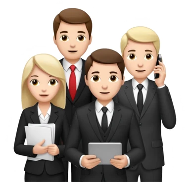 Команда в костюмах из трёх человек. на переднем палне Мужчина впереди общается по смартфону, дальше женщина слева стоит с ноубуком, мужчина справа держит бумаги sticker