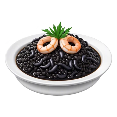 Cinematic Realistic Black Risotto Dish Emoji, showcasing a rich squid ink-infused risotto rendered with bold textures and dynamic, dramatic lighting. sticker