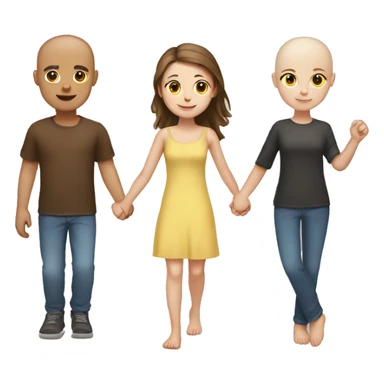Two girls and one guy holding hands, both girls white skin, one girl brown hair, other girl no hair sticker