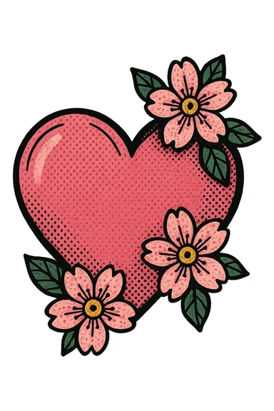 pink heart with sakura flowers, old school comic book style sticker
