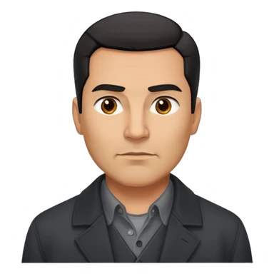 Strong built middle-aged Hispanic man with tan complexion, short black straight hair combed back with faded sides, square masculine face with defined jawline, wearing black coat and gray button-up shirt tucked in sticker