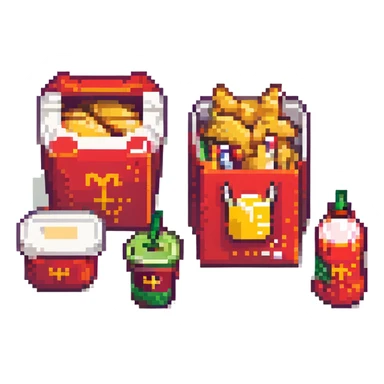 futuristic mc donalds sandwich boxes, fries, bag and drink. dystopian sticker