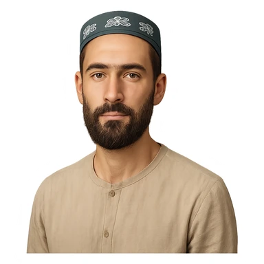 A Tajik man with a slender build, oval face, broad forehead, straight nose, expressive brown eyes, thick eyebrows, dark straight hair, warm-toned skin, and a bigger, neatly kept beard sticker