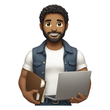 men holding his computer in hands. light brown skin men with curly black hair, dark brown eyes, little grown beard. little bit muscular. dressed casual. round face. sticker