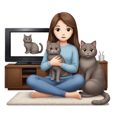 Generate a full-body picture of a beautiful girl with long hair holding a cat and watching TV sticker