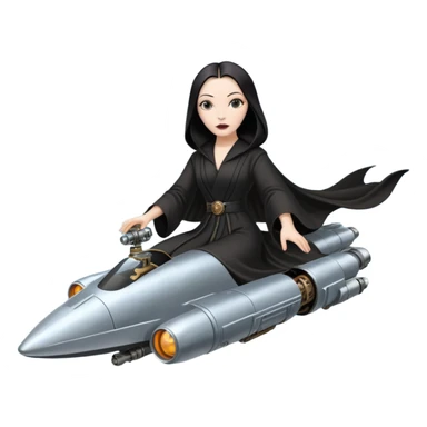 Jedi teen Morticia Addams flying a chrome accented Jumpspeeder anti-gravity repulsorlift powered by an imperial speeder steampunk  sticker