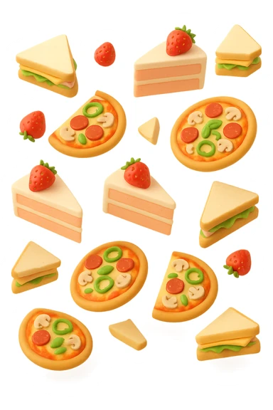 pizzette, fette di torta e panini, fluttuano in aria in 3d, sfondo bianco sticker