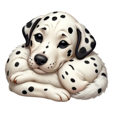 Meme-Worthy Cute Sleeping Spotted Dalmatian Portrait Emoji, Head resting peacefully with a contented smile, showcasing a delightfully majestic build and a luxuriously soft Fur of predominantly white with bold black patches, eyes shut in a serene nap, Simplified yet hilariously adorable features, highly detailed, glowing with a soft, drowsy light, high shine, relaxed and utterly lovable, stylized with an air of playful laziness, bright and heartwarming, soft glowing outline, capturing the essence of a comically sleepy guardian, so meme-worthy it feels like it could instantly become the next viral sensation of adorable slumber! sticker