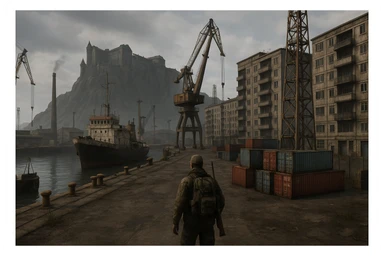a screenshot of the game DayZ videogame, the city of "solitude" as seen in skyrim, modern evolution, industrial harbor at apartment blocks sticker