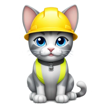 stray gray-cat blue eyes with yellow construction helmet and vest tools, transparent background sticker