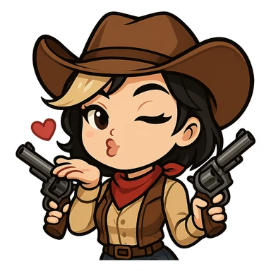 Chibi cowgirl with slightly longer hair and a blonde streak, wearing a cowboy hat and western outfit, holding two revolvers, pose blowing a kiss, playful expression, chibi/anime style, transparent background, sized for Twitch or Discord use. sticker