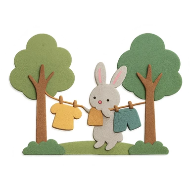 bunny hanging laundry between trees, calming domestic forest feel sticker