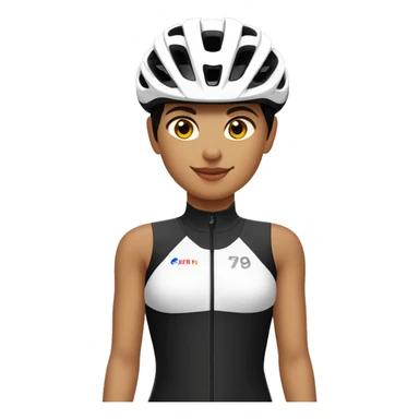 Ciclista MUJER de piel morena clara de contextura delgada estatura alta con zapatillas de ruta blancas licras negras y maillot blanco casco blanco sticker