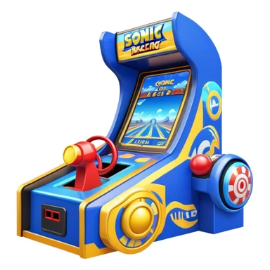 An icon representing an arcade game interface, inspired by Sonic. The design features colorful platforms, loops, and rings, with Sonic racing through a vibrant landscape. The iconic HUD elements, like score and timer, are visible. A transparent background. sticker
