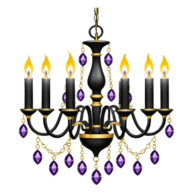 Luxurious black and white chandelier with gold and amethyst crystals, fake electric candles sticker