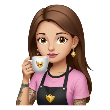 Fille cheveux long châtain, peau beige type européen yeux marron, teeshirt rose avec un tablier noir, piercing au nez anneau doré, boucle d’oreille diamant doré. Elle boit un café Tatouage à la gorge sticker