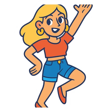 blonde woman with gold earrings, wearing a crop top shirt and jean shorts, in a fun and stylish pose, vibrant toon style, colorful, cheerful sticker
