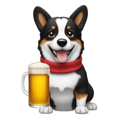 Black corgi lifting a big beer sticker