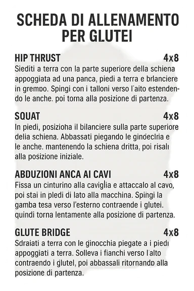 scheda di allenamento glutei in italiano con le reps scritte (tipo 4x8 ecc), iperrealistico 4k sticker