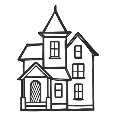 a victorian house, hand-drawn black outline, minimal shading sticker
