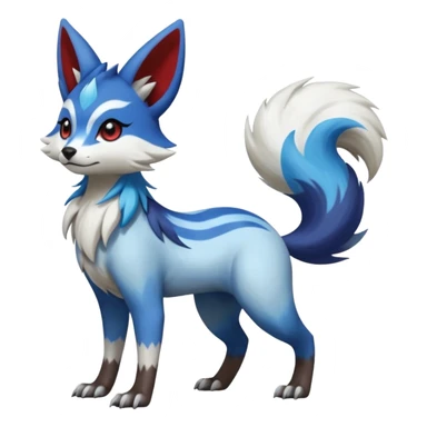 Blue, indigo, white, black Hyper-realistic Colorful Skilled Adept Graceful Asian Painted Meloetta-Furret-Lycanroc-Zangoose-fusion-hybrid-creature (full body) sticker