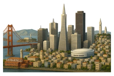 cinematic realistic emoji of San Francisco, panoramic city view with Golden Gate Bridge, Transamerica Pyramid, Chase Center, The Embarcadero, Ghirardelli Square, Alcatraz Island, Bay Bridge, Coit Tower, UC Berkeley belltower and Stanford Hoover Tower in the far background. Lifelike detail, accurate colors, bright daytime, no sky, no clouds, no labels, transparent background sticker