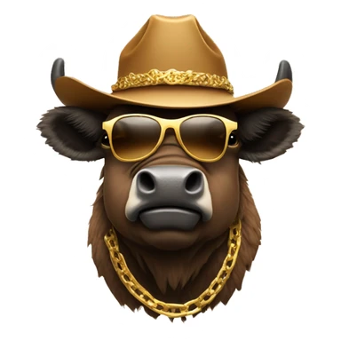 Brown Bison wearing cowboy hat and gold sunglasses and gold chain sticker