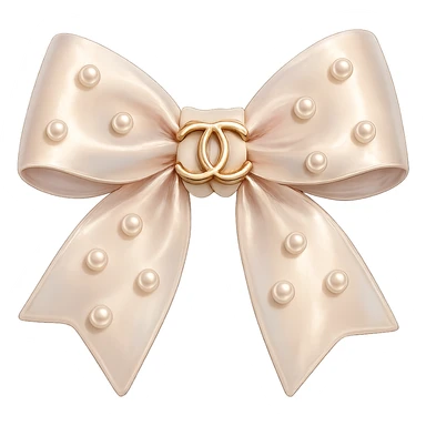 Remove the background, keep only the elegant bow with pearls and gold Chanel logo, glossy, pastel colors, realistic style, with no background. sticker