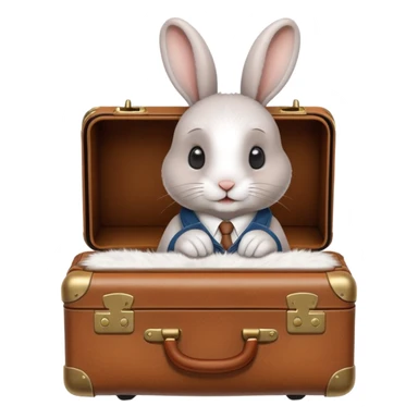 A curious rabbit nudging a tiny suitcase with its nose sticker