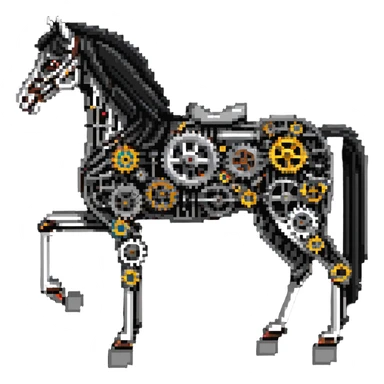 Horse constructed from mechanical parts, gears, cogs, wires, and ropes, steampunk aesthetic sticker