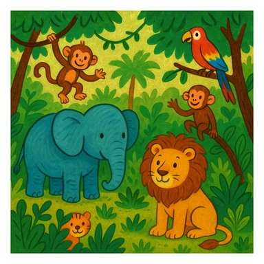 digital illustration of jungle safari in the style of children's story book sticker