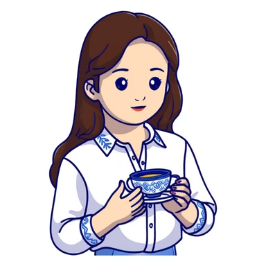 Ukrainian young girl with long brown hair in a white traditional embroidered shirt, cupping a small glowing blue light in her hands representing her soul sticker
