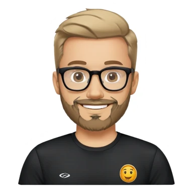 Man with light skin, full facial beard, short upswept hair, large black-framed glasses, smiling face, black sports fabric shirt sticker