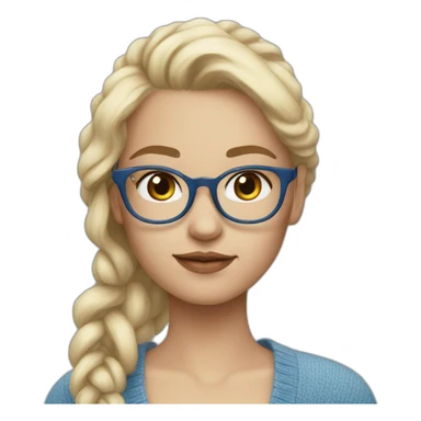 a blonde girl, 23 years old, with  white transparent glasses, very cute, with blue cardigan with clouds sticker