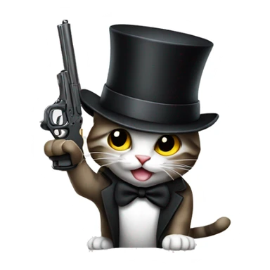 Cat with a gun holding up the middle finger and a top hat sticker