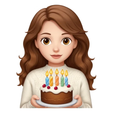 A pretty white girl with hazel brown eyes and long brown wavy hair in a cosy white knit sweater, she is celebrating her birthday sticker
