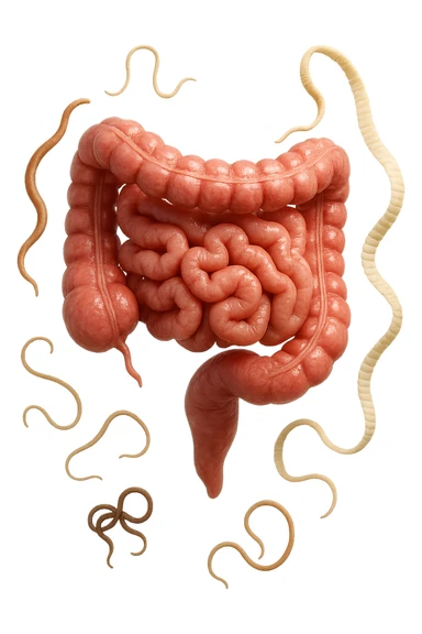 INTESTINO UMANO ANATOMICO REALISTICO FLUTTUA IN ARIA INSIEME A PARASSITI COME LA TENIA, SFONDO CHIARO, iperrealistico 4k sticker