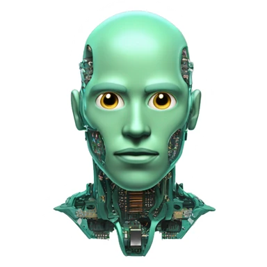 Pastel green bald male cyborg head with goatee and circuitry sticker