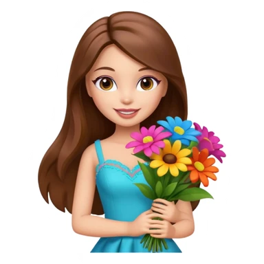  pretty bratz doll, long brown hair holding big bouquet of flowers posing sticker