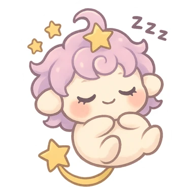 Chibi star spirit Stella Puff with fluffy pastel pink-lavender hair, five-pointed star swirl on top, soft plush ears, creamy white round body, short arms and legs, closed eyes with lashes, soft smile, floating yellow stars and “Zzz” above head, golden star tail, cheeks light coral pink, curled up like a pillow, floating, full body, super cute, transparent background sticker
