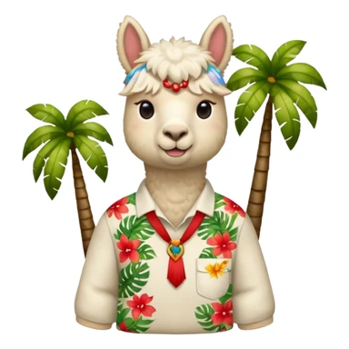 White alpaca wearing tropical shirt with red name tag  sticker
