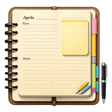 daily planner agenda cream leather with open page and pen with stickynotes sticker